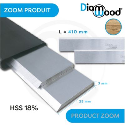 Jeu de 2 Fers de Dégauchisseuse/Raboteuse PRO 410 x 25 x 3 mm Acier HSS 18% (les 2 Fers) - Diamwood
