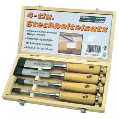 Jeu de 4 ciseaux à bois Brüder Mannesmann M66104, lames forgées chrome-vanadium, 8-12-20-26 mm