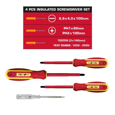 Jeu de 4 tournevis isolés (1 plat + 2 croix + testeur)