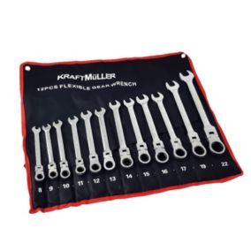 Jeu de clés à cliquet Kraft Müller KM-12PCS-FLEX avec Etui transport, 12 pièces Cles, Flexible, articulées, 8 à 22mm, Mécanicien