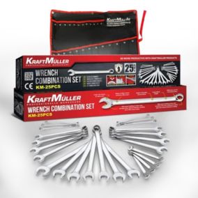 Jeu de clés plates à oeillets, Kraft Muller KM-25PCS, 25 pièces en acier au chrome-vanadium, de 6 à 32mm, sacoche de rangement