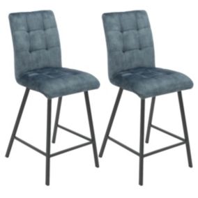 JOHN - Lot de 2 Tabourets de Bar Capitonnés Bleu Gris