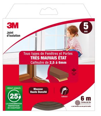 Joint mousse porte et fenêtre très mauvais état 3M Classique 2,5 à 6 mm marron L.6 m