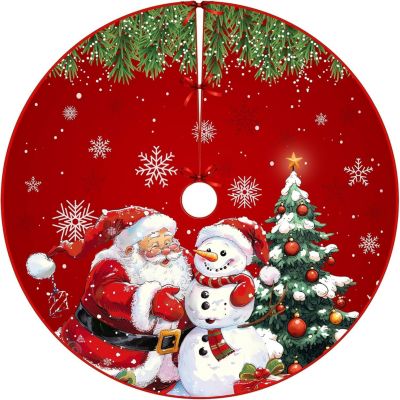 Jupe de sapin de Noël de 120 cm de diamètre,jupe de sapin de Noël rouge en peluche avec bonhomme de neige et flocons,ornement
