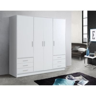 JUPITER Armoire 4 portes 6 tiroirs - Blanc mat - L 206,5 x P 60 x H 200 cm