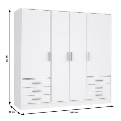 JUPITER Armoire 4 portes 6 tiroirs - Blanc mat - L 206,5 x P 60 x H 200 cm