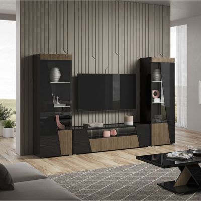 KADALA - Vitrine 1 Porte Gauche Laquée Noir Décor Bois avec Leds