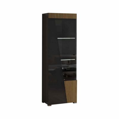 KADALA - Vitrine 1 Porte Gauche Laquée Noir Décor Bois avec Leds