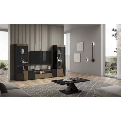 KADALA - Vitrine 1 Porte Gauche Laquée Noir Décor Bois avec Leds