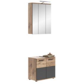 Kai - Combinaison de salle de bains avec éclairage (L/H/P : 60x190x34 cm) en imitation Nox Oak et imitation basalte gris