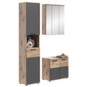 Kai - Combinaison de salle de bains (L/H/P : 112x190x34 cm) en imitation Nox Oak et imitation basalte gris