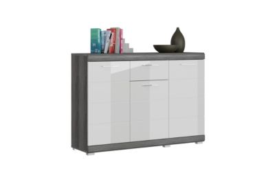 Kai - Commode (L/H/P : 120x85x37 cm) en imitation argent fumé et blanc brillant embouti