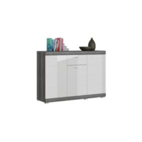 Kai - Commode (L/H/P : 120x85x37 cm) en imitation argent fumé et blanc brillant embouti