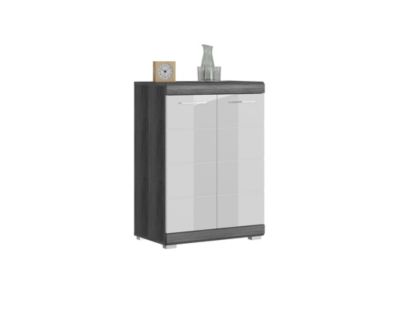 Kai - Commode (L/H/P : 60x85x37 cm) en imitation argent fumé et blanc brillant embouti