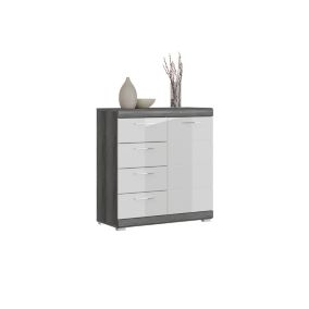 Kai - Commode (L/H/P : 80x85x37 cm) en imitation argent fumé et blanc brillant embouti