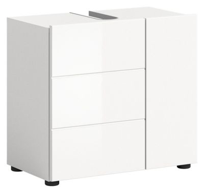 Kai - Meuble sous-lavabo (L/H/P : 60x56x34 cm) en mélamine blanche et blanc brillant profond