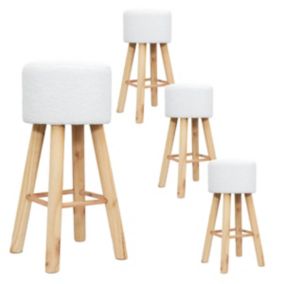 KALAK - Lot de 4 Tabourets Tissu Blanc Bouclettes Pieds Bois