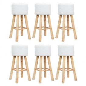 KALAK - Lot de 6 Tabourets Tissu Blanc Bouclettes Pieds Bois