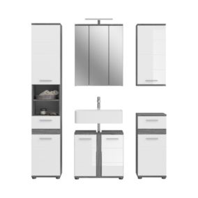 Kaleb - Set de 5 meubles de salle de bain mélaminé blanc et argenté avec éclairage, vasque non incluse (L/H/P: 164x191x34 cm)