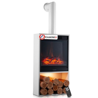 KAMINIO Cheminée électrique HUGO avec tuyau de poêle - Poêle électrique avec chauffage, effet de flamme 3D - Blanc