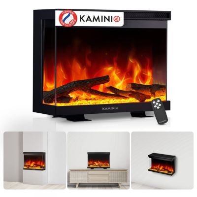 KAMINIO Cheminée électrique LEA - 3-en-1 avec vue panoramique, chauffage, effet de flamme, 12 couleurs de flammes - 30 pouces