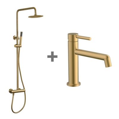 Kibath Pack colonne et robinetterie Lavabo monocommande GOLD finition or brossé en laiton