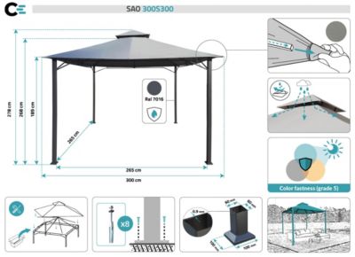 Kiosque de jardin SAO 3x3m Toile Gris clair