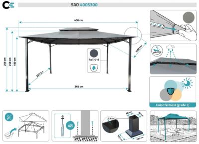 Kiosque de jardin SAO 4x3m Toile Gris clair