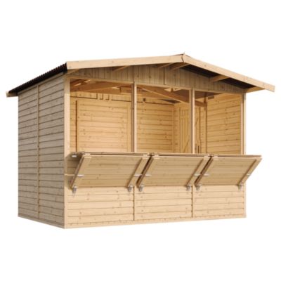 Kiosque de marché en bois, 3 comptoirs avec volets - 6 m² - 336 x 263 x H232 cm - ép. 17 mm - plancher inclus - M150A - Timbela