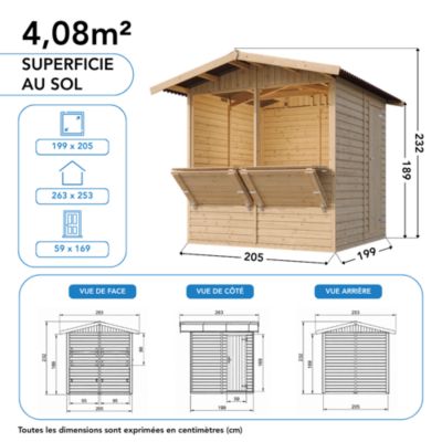 Kiosque en bois - 4 m² - 263x253xH232 cm - avec 2 fenêtres de vente - M149 - Timbela