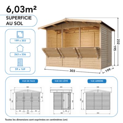 Kiosque en bois - 6 m² - 263x336xH232 cm - avec 3 fenêtres de vente - M150A - Timbela