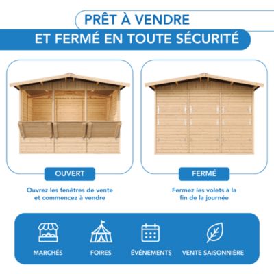 Kiosque en bois - 6 m² - 263x336xH232 cm - avec 3 fenêtres de vente - M150A - Timbela