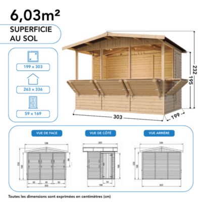 Kiosque en bois - 6 m² - 263x336xH232 cm - avec 5 fenêtres de vente - M150B - Timbela