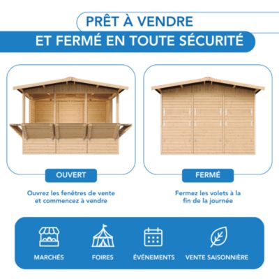 Kiosque en bois - 6 m² - 263x336xH232 cm - avec 5 fenêtres de vente - M150B - Timbela