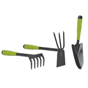 Kit 3 outils de jardin Acier renforcé Manche plastique Serfouette Transplantoir Rateau ITOOLS