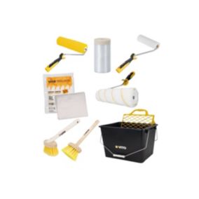 KIT 8 Outils Peinture Seau 16L. Film masquage Bâche protection 2 rouleaux Rouleau finition 2 Brosses VITO