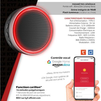 Kit Alarme Évolutif 868 Mhz connecté Wifi 2,4Ghz avec Sirène 90dB Flash LED intégré