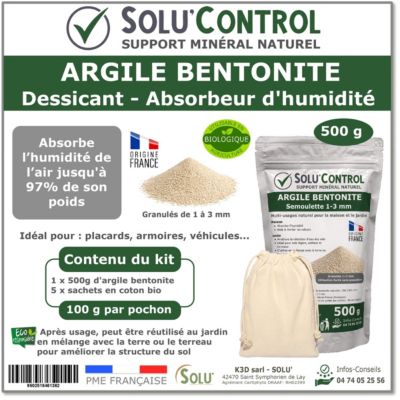 Kit Argile Bentonite Naturelle - Dessicant et Absorbeur d Humidite - Semoulette 1-3 mm - Solu Control - Sachet de 500g + 5 Sachets