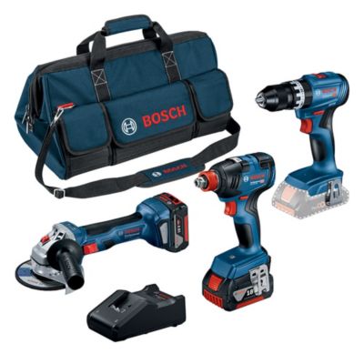 Kit Bosch Professional 3 outils perceuse, meuleuse, boulonneuse 18V avec 2 batteries 5 Ah + chargeur GAL 18V‑40 + sac de transport
