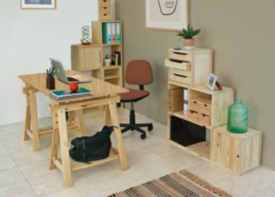 Kit bureau avec 2 tréteaux architecte + plateau en pin massif H.74,3 x L.120 x l.80 cm Lusimat