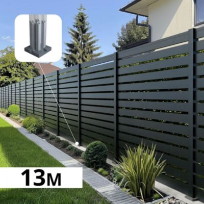 Kit Clôture Ajourée Aluminium OLINDA Anthracite 12,85x1,8m Poteaux sur Platines - Dimension des Lames : 21x100x1780 mm