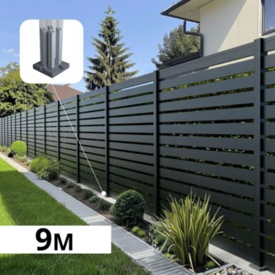 Kit Clôture Ajourée Aluminium OLINDA Anthracite 9,20x1,8m Poteaux sur Platines - Dimension des Lames : 21x100x1780 mm