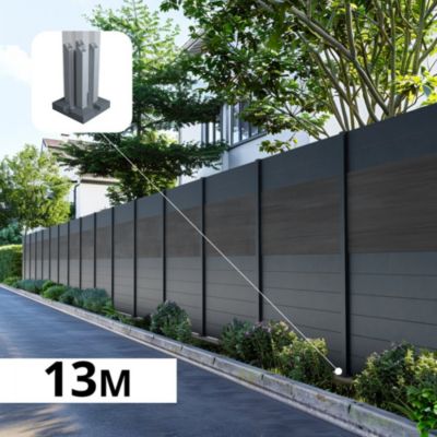 Kit Clôture Aluminium BAHIA & CRUZ Ardoise 12,85x1,8m - Aluminium et bois composite - Poteaux sur Platines gris - Occultation