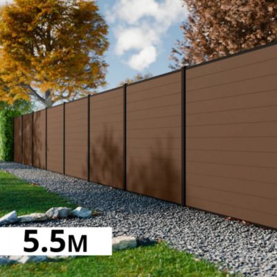 Kit Clôture Bois Composite Bronze 5,5x1,8m RIO - Poteaux en Aluminium Noir - Brise Vue - Palissade