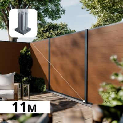 Kit Clôture Composite CRUZ Teck 11x1,8m - Bois composite & Aluminium - Poteaux sur Platines Gris - Brise vue - Palissade