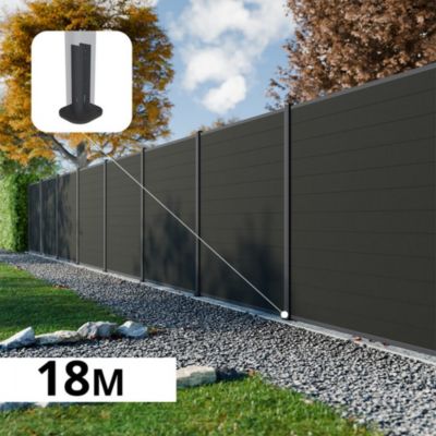 Kit Clôture Composite RIO Anthracite 18x1,8m - Bois composite & Aluminium - Poteaux sur Platines Gris - Brise vue - Palissade