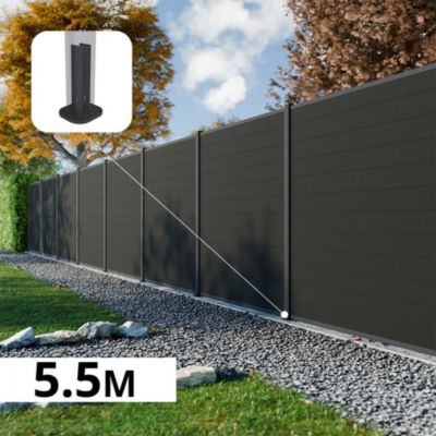 Kit Clôture Composite RIO Anthracite 5,5x1,8m - Bois composite & Aluminium - Poteaux sur Platines Gris - Brise vue - Palissade