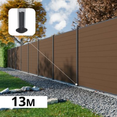 Kit Clôture Composite RIO Bronze 13x1,8m - Bois composite & Aluminium - Poteaux sur Platines Gris - Brise vue - Palissade
