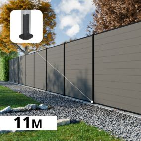 Kit Clôture Composite RIO Platines 11x1,8m - Bois composite & Aluminium - Poteaux Noir sur Platines- Brise vue - Palissade