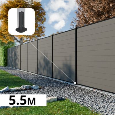Kit Clôture Composite RIO Platines 5,5x1,8m - Bois composite & Aluminium - Poteaux Noir sur Platines- Brise vue - Palissade